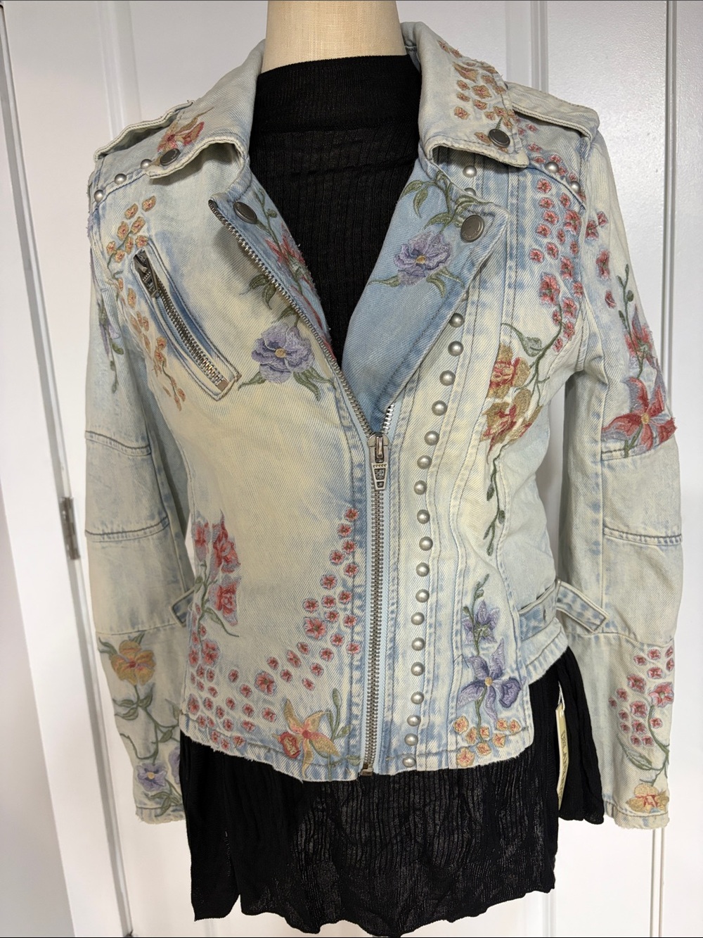 Blank NYC Light Wash Denim Jacket with Multicolor Floral Embroidery